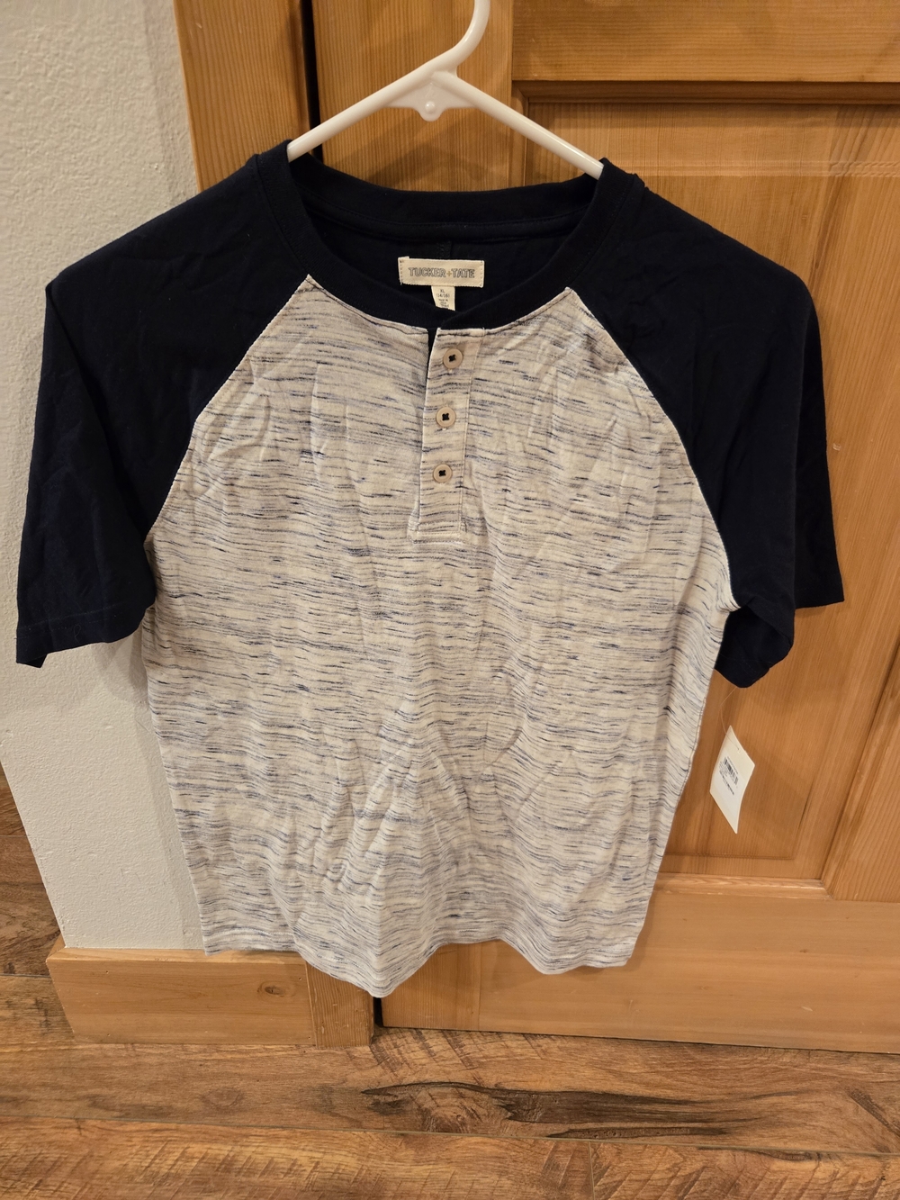 Tucker + Tate Navy Raglan Sleeve Heathered White Henley Tee